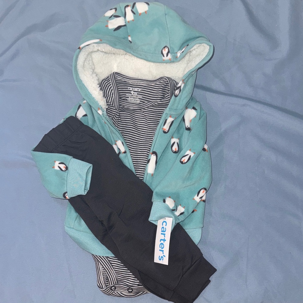 Carter's Teal Penguin Hooded Sherpa-Lined Outfit with Black Pants